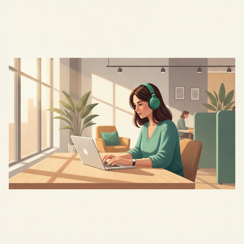 Một freelancer nữ đeo tai nghe đang tập trung làm việc trên laptop tại bàn gỗ, không gian coworking hiện đại với ánh sáng tự nhiên ấm áp và cây xanh emerald