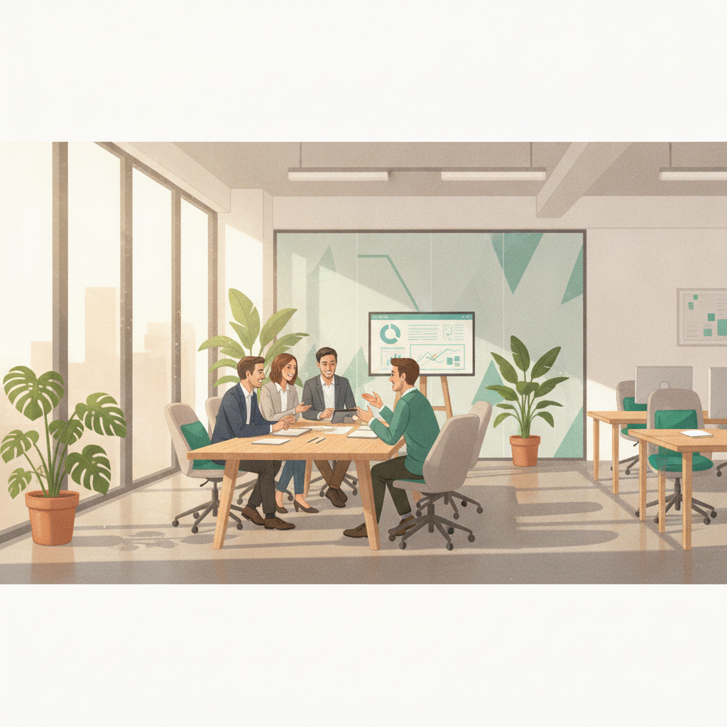 Một nhóm nhỏ đang thảo luận dự án tại khu vực bàn lớn trong không gian coworking CleverSpace, ánh sáng tự nhiên chan hòa, với tông màu ấm và điểm nhấn xanh lá cây