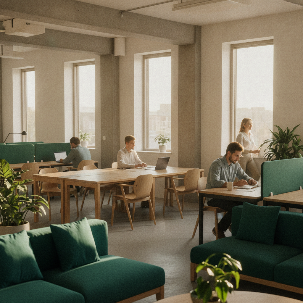 Không gian làm việc chung hiện đại tại CleverSpace với ánh sáng tự nhiên, bàn làm việc gỗ và điểm nhấn cây xanh, tạo cảm giác chuyên nghiệp và ấm áp