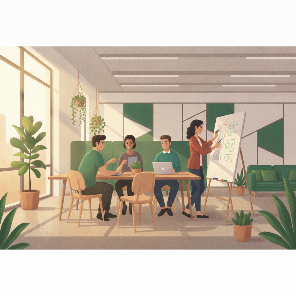 Nhóm startup họp mặt trong không gian coworking hiện đại, ánh sáng tự nhiên, tông màu ấm, cây xanh emerald.