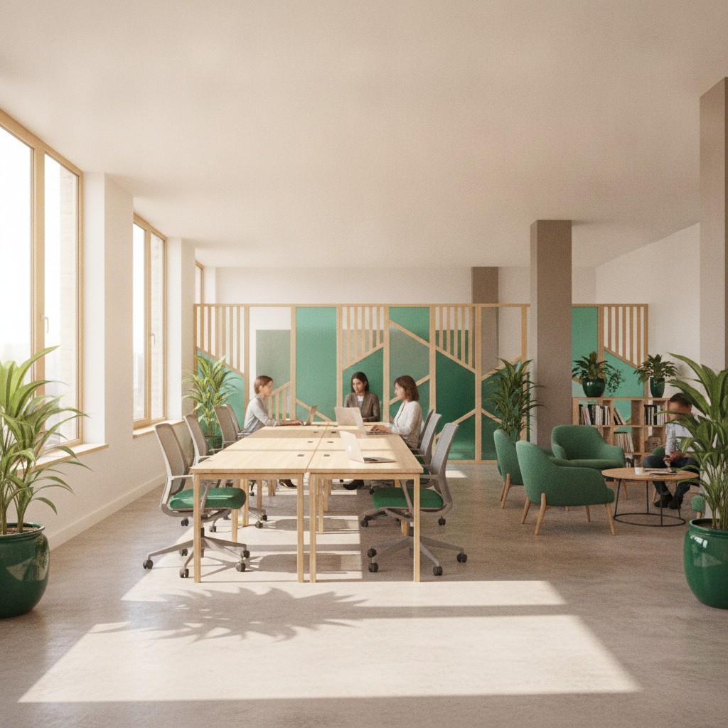 Một nhóm startup năng động làm việc hiệu quả tại không gian coworking hiện đại, cây xanh, ánh sáng tự nhiên và tông màu ấm, thể hiện sự hợp tác và đổi mới.