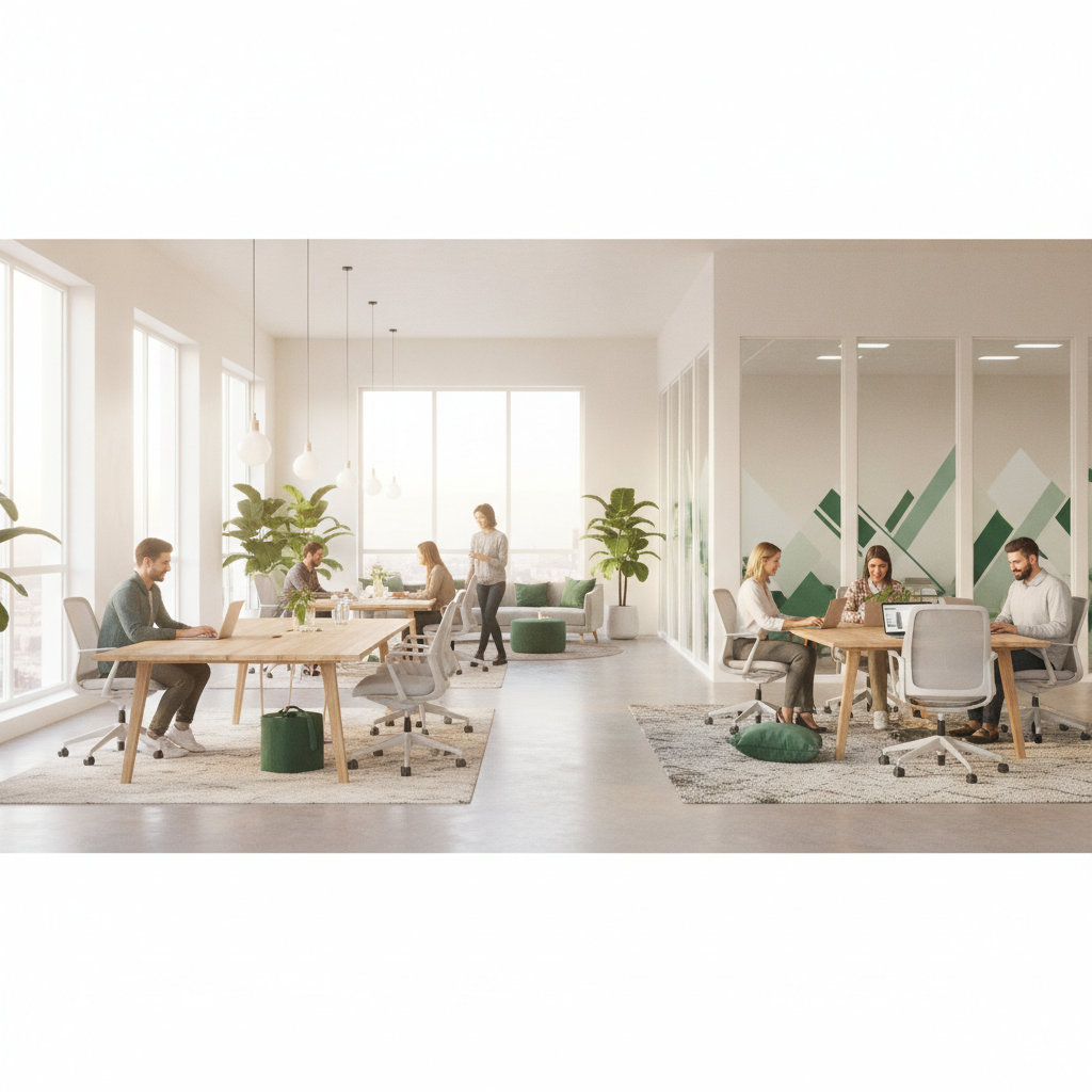 Cận cảnh không gian làm việc chung hiện đại tại CleverSpace, ánh sáng tự nhiên, bàn gỗ và cây xanh, tạo cảm giác ấm cúng, chuyên nghiệp.