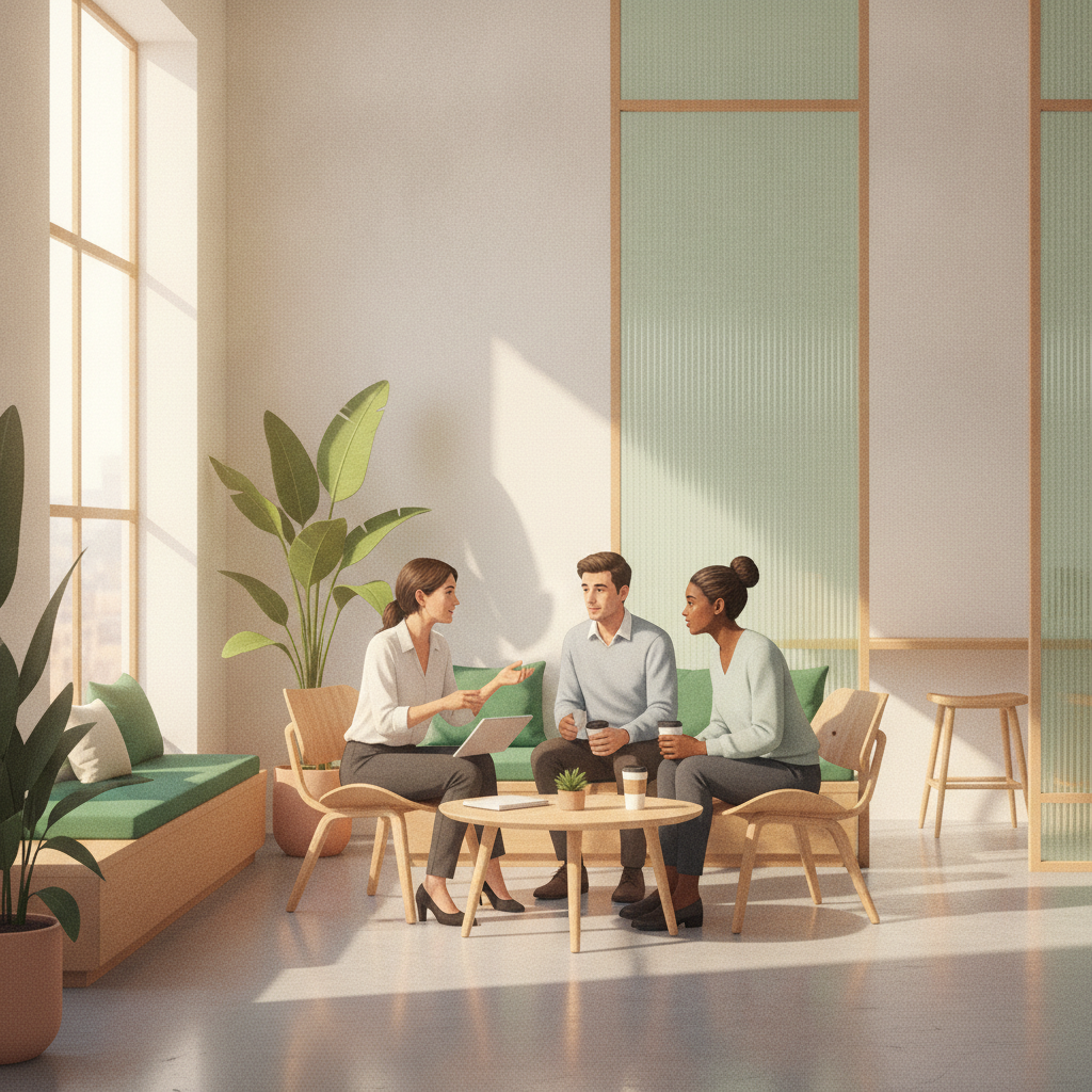 Nhóm nhỏ đang thảo luận tại khu vực chung của coworking, không gian mở, tông màu xanh emerald và gỗ ấm, tràn ngập ánh sáng tự nhiên.