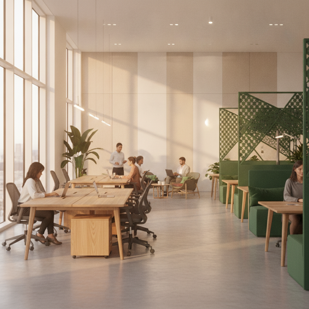 Không gian làm việc chung hiện đại tại CleverSpace với thiết kế mở, bàn ghế gỗ, cây xanh, ánh sáng tự nhiên ấm áp và tông màu xanh emerald