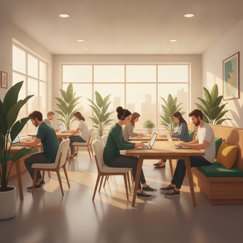 Freelancer làm việc tập trung tại bàn chung, không gian coworking hiện đại với cây xanh, ánh sáng tự nhiên và tông màu ấm áp