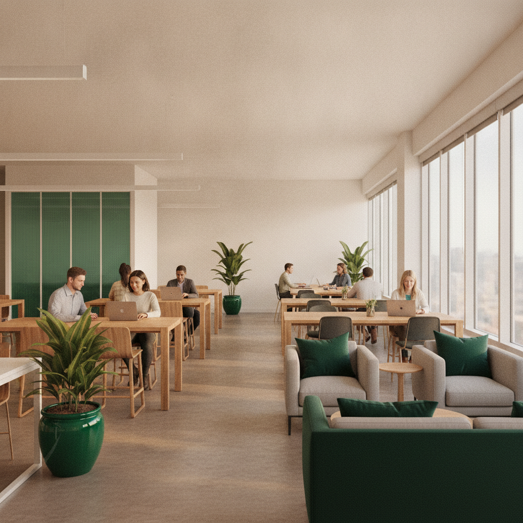 Ảnh bìa: Freelancer làm việc trên laptop tại không gian coworking hiện đại, ánh sáng tự nhiên, cây xanh và tông màu ấm của CleverSpace.