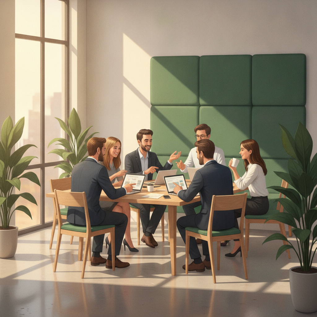 Nhóm startup trẻ tuổi đang thảo luận sôi nổi tại bàn chung với tông màu xanh emerald và ánh sáng tự nhiên ấm áp
