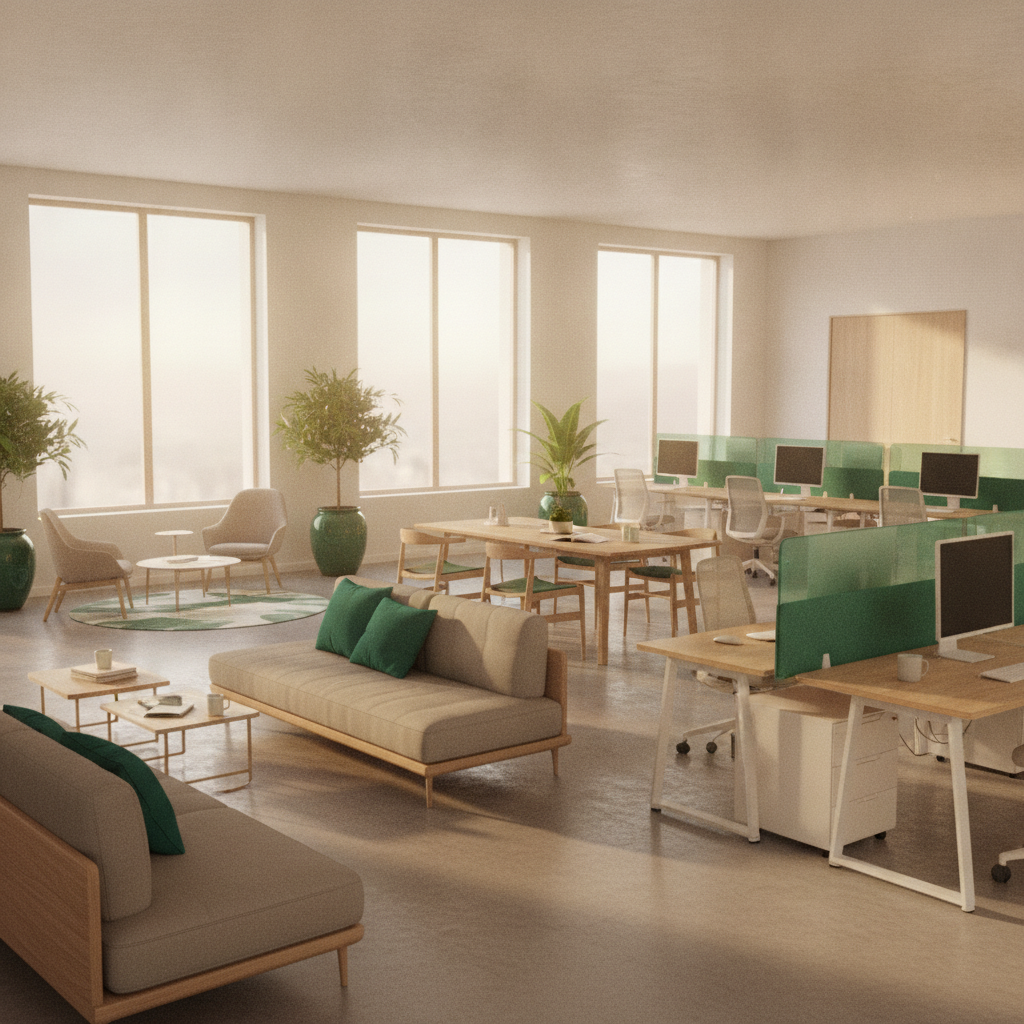 Một không gian làm việc chung hiện đại tại CleverSpace với ánh sáng tự nhiên ấm áp, bàn ghế gỗ, và cây xanh tạo cảm giác thoải mái